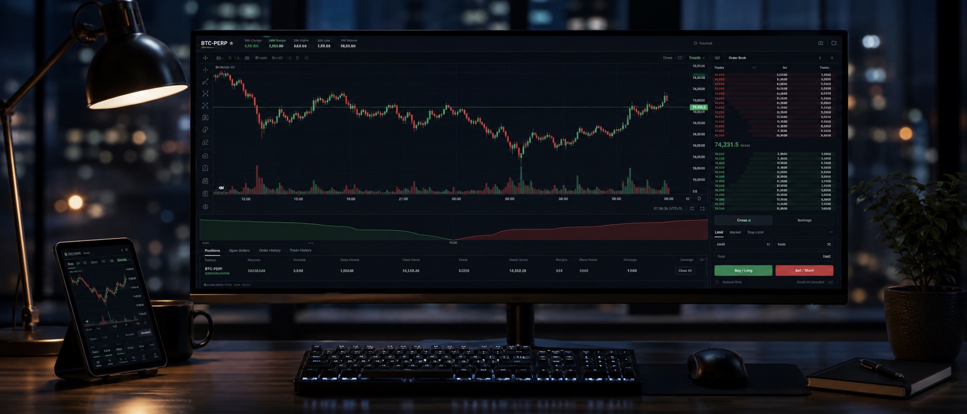 Cryptocurrency margin trading terminal showing BTC perpetual futures chart